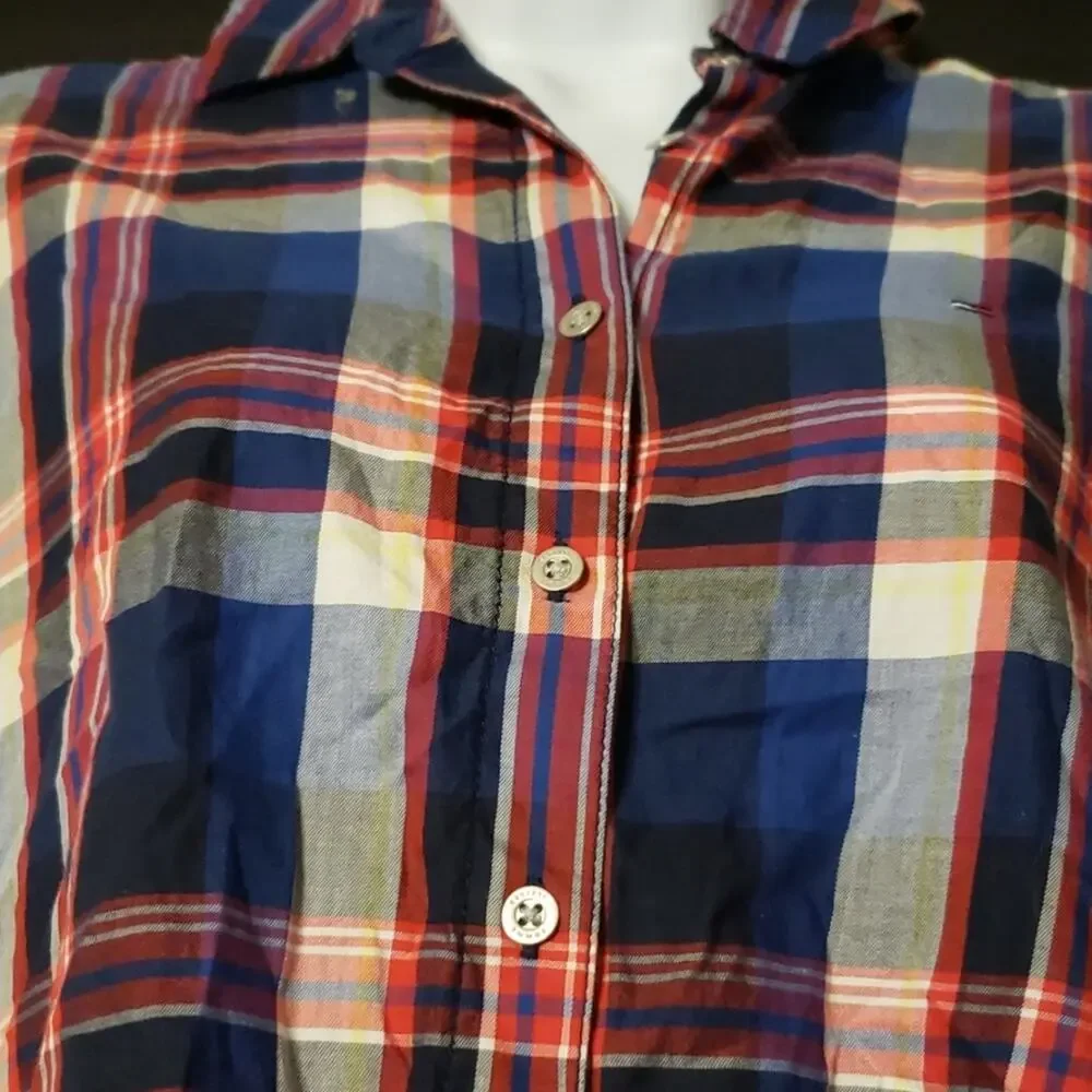 Tommy Hilfiger Front Tie Button Down LS Plaid  Blouse Size M